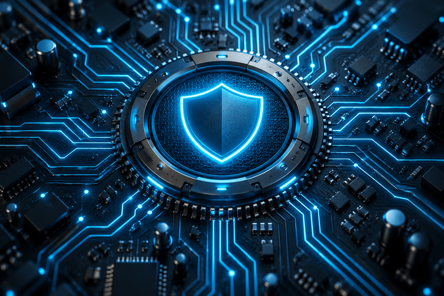 Glowing blue cybersecurity shield surrounded by connected circuit pathways